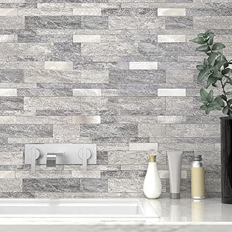 VAOVI Marble Effect Self Adhesive Linear Wall Tiles Metro Brick Stone Tiles,Waterproof Bathroom Wall Panels Matt Heat Resistant Fireplace Peel and Stick Mosaic(Grey,10sheets)
