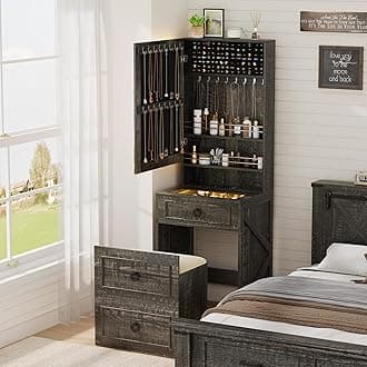 Lvifur Small Vanity Desk with Mirror and Lights, Modern Glass Top Dressing Table with Wheels & Charging Station, Compact Makeup Vanity Set with Jewelry Space & Hidden Storage Stool (Rustic Brown)