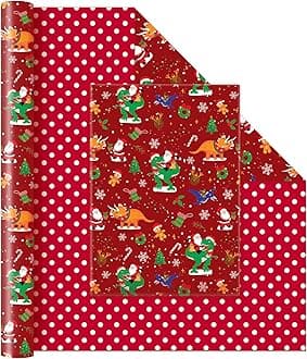 WERNNSAI Dinosaur Christmas Wrapping Paper Jumbo Roll - 1 Roll 17” x 33 ft Santa Kids Christmas Wrapping Paper Funny Christmas Wrap Decoration Reversible Polka Dot Xmas Party Gift, Red