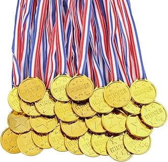 flintronic Gold Winner Medals, 28Pcs Kids Gold Plastic Winner Medals, Medals for Children, with Neck Ribbons, Party Favours for Kids for School Sport Day Party Game (28pc)