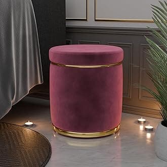 Upholstered Velvet Round Dual Strip Ottoman Office Stool Foot Rest Stool Linen Fabric Padded Seat Pouf Ottoman with Round Shape for Living Room (New Pink)