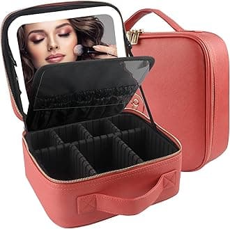 MOMIRATravel Cosmetic Train Case with Lighted Mirror 3 Color Scenarios Cosmetic Bag Organizer with Adjustable Dividers Makeup Storage for Women, Makeup Accessories & Tools Case Red