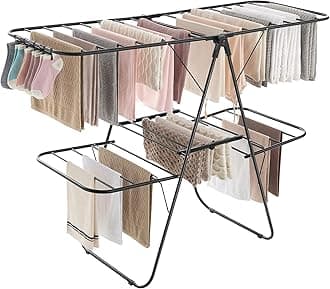 SONGMICS Clothes Drying Rack, Foldable 2-Level Laundry Drying Rack, Free-Standing Laundry Airer, with Height-Adjustable Wings, 33 Drying Rails, Sock Clips, Black ULLR053B01V1