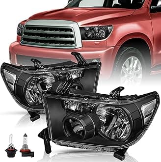 Headlight Assembly Replacement for 2007 2008 2009 2010 2011 2012 2013 Tundra / 2008-2017 Sequoia Driver and Passenger Side Black Housing with Bulbs,NOT fit for Tundra with Level Adjuster