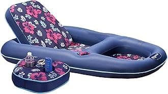 Aqua LEISURE Campania Ultimate 2-in-1 Pool Float Lounge â€“ Extra Large â€“ Inflatable Pool Floats for Adults with Adjustable Backrest & Cupholder Caddy â€“ Navy Hibiscus