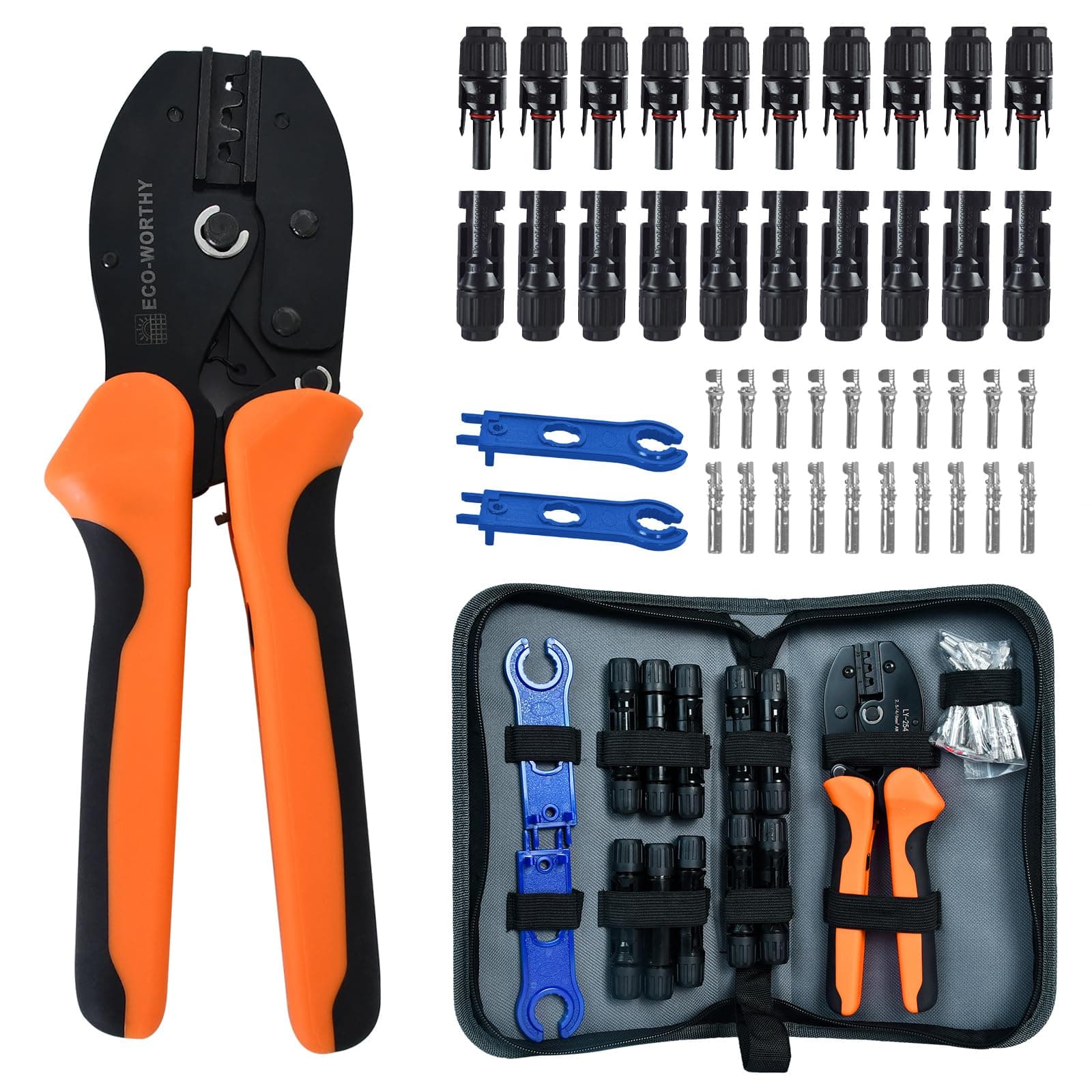 Solar Crimper Tool Kit 13 PCS Solar Tools - a Crimper, 10 Pairs of Solar Connectors, 2 Pairs of Solar Connector Spanner Wrench for Solar Panel Cable Assembly and Installation