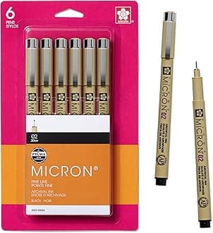 SAKURA Pigma Micron Fineliner Pens, 02 Tip Size, Archival Black Ink, 6PK 50036