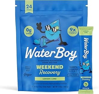 Waterboy Weekend Recovery | 3,200mg Electrolyte Powder Packets | Ginger + L-Theanine + Vitamins | No Sugar, All Natural, Gluten Free | 24 Drink Stick Mixes (Lemon Lime)