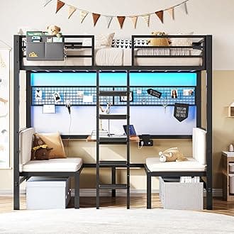 DICTAC Twin Over Twin Bunk Bed with Led Lights and Charging Station Convertible Loft Bed Twin Size with Desk and Seat Metal Bunk Bed with Desk & Safety Guard and Stair,Black(Cushion not Included)
