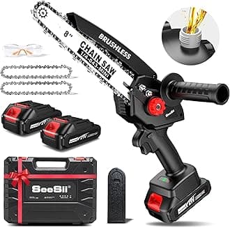 Seesii Mini Chainsaw, 8-inch Cordless Portable Handheld Chainsaw with 2 Batteries, Oiler, Chain Adjustment, Upgraded Electric Brushless Chain Saw for Garden Branch Tree Cutting, Pruning