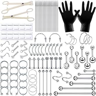 110Pcs Piercing Kit for all Body Piercings with Piercing Tools for Eyebrow Nose Ear Septum Belly Button Lip Tongue Cartilage and More with 12G 14G 16G 20G Piercing Needles