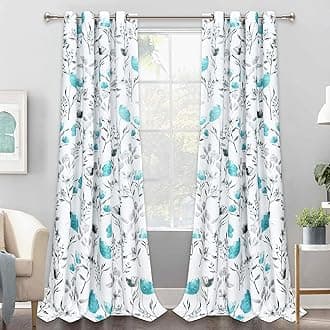 Likiyol Floral Curtains Watercolor Flower Leaves Window Curtains,Teal and Gray Floral Drapes Grommet Window Drapes for Bedroom Living Room Kitchen Bathroom Nursery (52 x 84 Inch, 2 Panels)