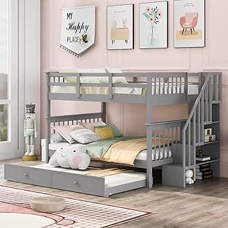 Harper & Bright Designs Full Over Full Bunk Bed with Stairs and Trundle, Wooden Bunk Bed Frame with Storage, for Kids Teens Adults - Gray