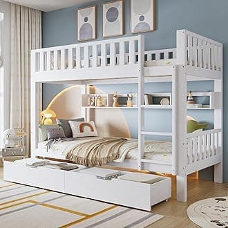 Bunk Bed for Kids Children, 3ft Solid Pine Wood Single Bed Frame & under Bed Slide Drawer Storage, with Shelf, Ideal for Any Room, White (90x190cm)【UK Fast Delivery】