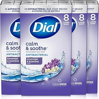 Dial Antibacterial Deodorant Bar Soap, Calm & Soothe Lavender & Twilight Jasmine Scent, 4 Oz, 32 Bars, Dermatologist Tested, With Clean Rinse Technology