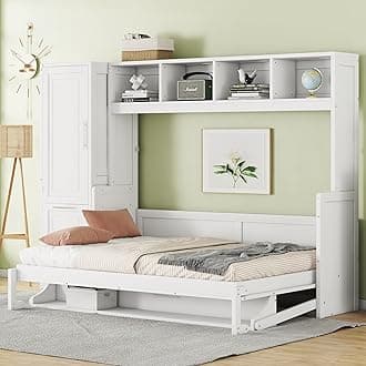 Full Size Murphy Bed with Closet and Drawers, Traditional Solid Wood Wall Bed Cabinet Bed, Can be Folded Platform Bed, Space-Saving Design