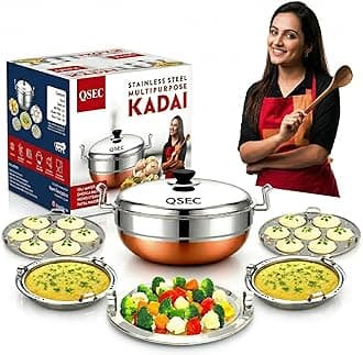 QSEC Stainless Steel Multi Kadai Idli maker cooker steamer with Copper Bottom All-in-One Big Size dhokla cooker | 5 Plate - 2 Idli | 2 Dhokla | 1 Patra | Momo steamer | 3 in 1 | Idli maker steamer - 285MM 100% Non toxin material | 2 year warranty