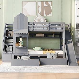 MERITLINE Twin Over Twin Bunk Bed for Kids, Castle Bunk Beds with 2 Drawers 3 Shelves and Slide, Solid Wood Twin Bunk Bed for Kids Girls Boys Teens (Grey)