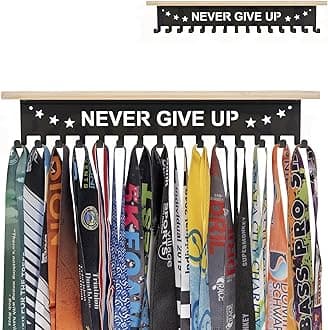 Trophy and Medal Holder Hanger Display Shelf, 16inchL, Metal 20 Hooks, Extra Large Bamboo Trophy Board, 33lbs Weight Capacity