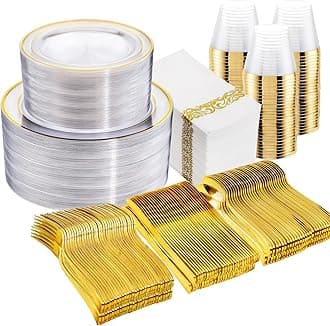 WELLIFE 350Pcs Clear Gold Plastic Plates for 50 Guests - Disposable Plates for Party, Includes 100 Gold plates,150 Plastic Silverware, 50 Napkins, 50Cups, Disposable Dinnerware Set