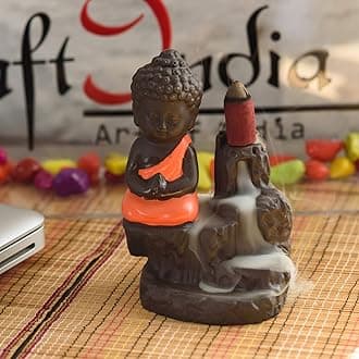 eCraftIndia Orange Brown Meditating Monk Buddha Statue Smoke Backflow Incense Holder- 10 Scented Incense Cones-Incense Burner Decorative Showpiece for Home Decor Living Room Temple- Gift for Diwali