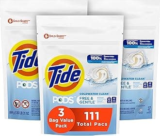 Tide PODS Free & Gentle, Laundry Detergent Soap Pods, Unscented, 3 Bag Value Pack, 111 Count, HE Compatible