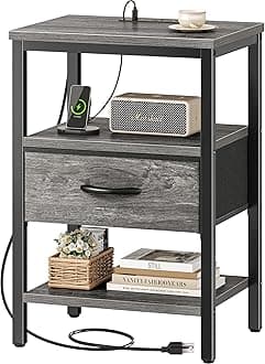 SUPERJARE Nightstand with Charging Station, Bed Side Table with Adjustable Fabric Drawer, Night Stand for Bedroom, 3-Tier Storage End Table, for Living Room, Grey
