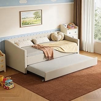 Upholstered Daybed with Trundle, Twin Size Day Bed w/Button-Tufted Back and Piping on Waved-Shape Arms for Bedroom or Guest Room, No Box Spring Required,Beige