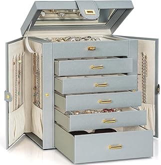 AKOZLIN Extra Large 6-Tier Jewelry Box Organizer Functional Huge, 5 Drawers Leather Jewelry Storage Case for Women Girls Ring Necklace Earring Bracelet Holder Organizer with Mirror Grey