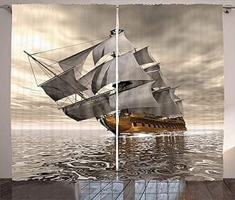 Ambesonne Ocean Curtains, 3D Style Pirate Ship Sea Historic Vessel Cloudy Sky Voyage Exploration Theme, Living Room Bedroom Window Drapes 2 Panel Set, 108" X 63", Coffee Grey