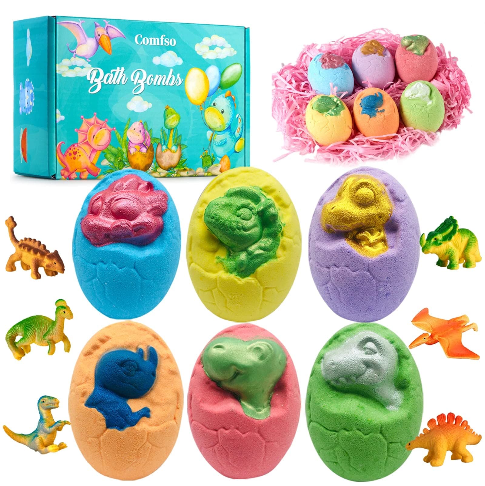 Easter Bath Bombs for Kids - XL Dino Eggs Bath Bomb with Surprise Toys Inside, Kids Bath Bomb Gift Set, Natural Bubble Bath, Dinosaur Bathbombs Birthday Gift for Boys Girls, Easter Basket Stuffers