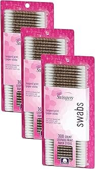 Swisspers Premium Cotton Swabs, 100% Pure Cotton Tips, Leopard Print Paper Sticks, 300 Count Pack (Pack of 3)
