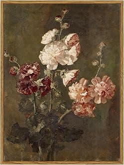 ARPEOTCY Framed Vintage Wall Art, Moody Floral Hollyhocks Bathroom Vintage Decor, Canvas Prints, French Country Farmhouse Decor, Home Dark Academia Wall Art, 12x16 Inch