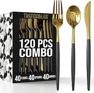 Trendables 120 Pack Disposable Silverware Set - Silver Cutlery Dinnerware - Includes 40 Plastic Forks, Spoons, Knives - Black & Gold Plastic Silverware Party Set