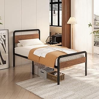 EMODA 16 Inch Twin Size Bed Frames with Wooden Headboard and Footboard, Heavy Duty Metal Slats Support Mattress Foundation, No Box Spring Needed, Easy Assembly