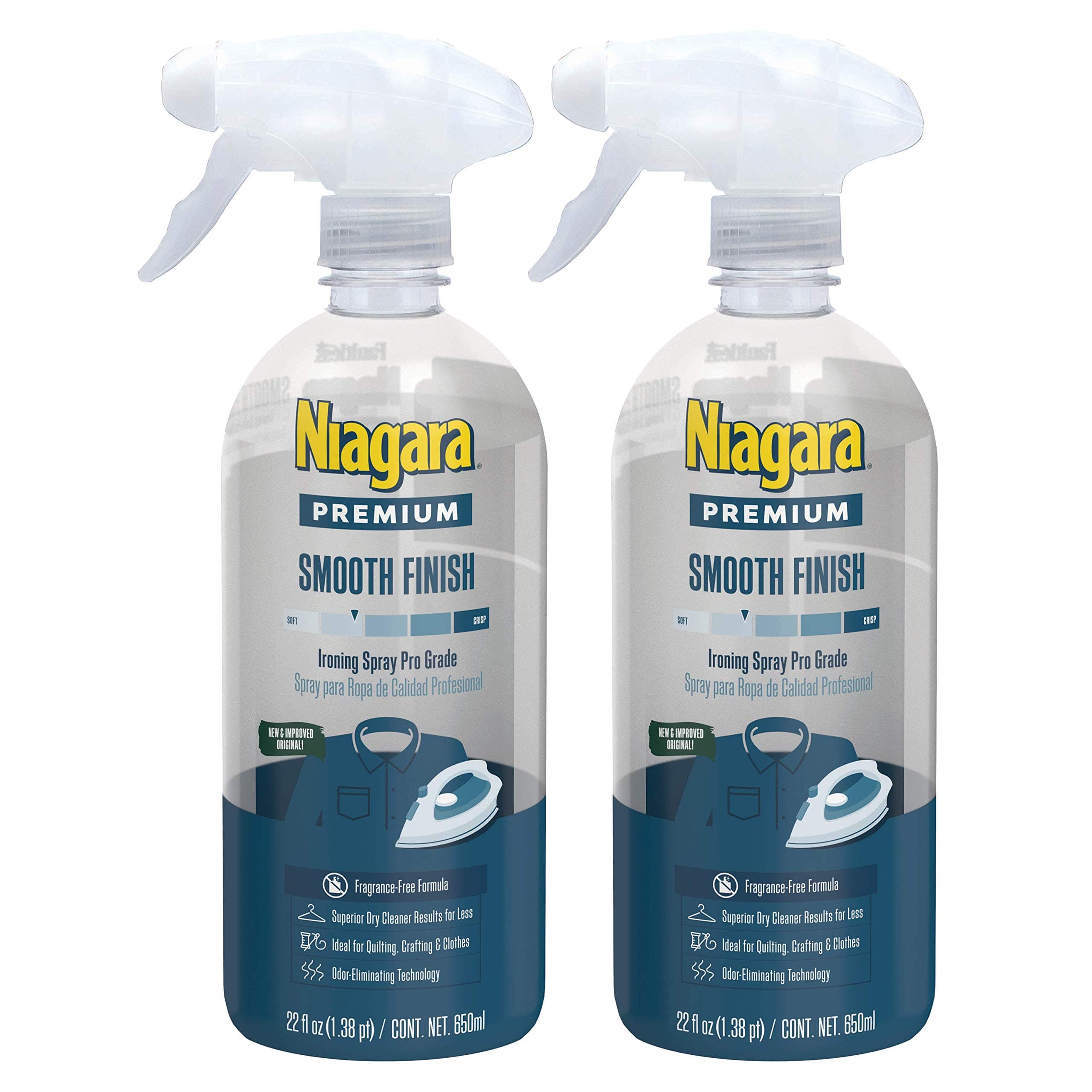 Niagara Spray Starch (22 Oz, 2 Pack) Trigger Pump Liquid Starch for Ironing, Non-Aerosol Spray on Starch, Reduces Ironing Time, No Flaking, Sticking or Clogging, Biodegradable Ingredients, Recyclable