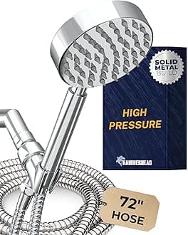 All Metal Hand Held Head with Hose and Holder Polished Chrome | 2.5 GPM Rainfall Flow with Removable Restrictor | 4" Handheld head 72 Inch Long Flexible Hose Adjustable Bracket
