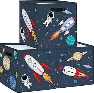 Clastyle Pack of 3 Cosmic Space Children's Storage Boxes Fabric for Kallax Foldable Storage Basket Small Boys Girls Cupboard Organiser Wardrobe for Shelf, Rocket, 30 x 30 x 30 cm