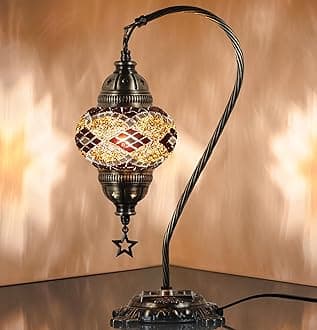 DEMMEXTurkish Moroccan Mosaic Table Lamp – Handcrafted Tiffany-Style Colorful Glass Swan Neck Bedside, Desk, Table Light, Boho Artisan Accent Lighting for Bedroom or Living Room – 15" H, Brown-Black