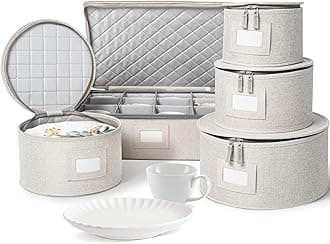 China Storage Set, Hard Shell and Stackable, for Dinnerware Storage and Transport, Protects Dishes Cups and Mugs, Felt Plate Dividers Included (Cream)