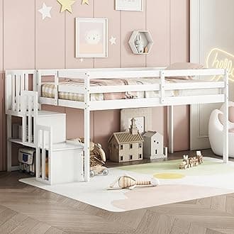 Twin Size Low Loft Bed with Stairs,Kids Loft Bed with Storage Staircase,Twin Bed Frame for Kids Boys Girls,White