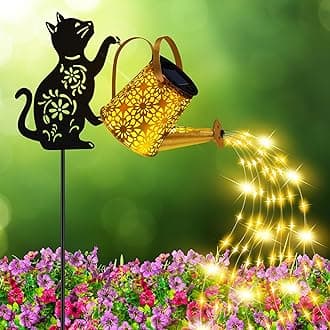 Solar Lights Outdoor Decorative, Watering Can with Cascading Lights, with Cat Silhouette Garden Stakes, Waterproof Metal Garden Decor for Yard Art, Outside, Patio, Lawn Ornaments