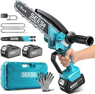 SEESII 8 Inch Mini Cordless Chainsaw with High Capacity 4000mAh x2 Batteries, 900W Powerful Electric Chain Saws with Oiler System, Handheld Battery Powered Saw for Tree Trimming Pruning