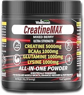 WellBoost CreatineMAX Powder - 5000mg Creatine Monohydrate, 1000mg BCAAs, Glutamine, Lysine per Serving - Sugar Free, Mixed Berry Flavour - Lean Muscle, Recovery & Endurance - 300g, 1 Month Supply