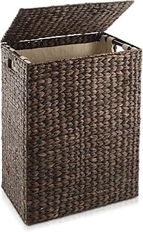 Casafield Large Laundry Hamper with Lid and Removable Liner Bag - Espresso Dark Brown, Woven Water Hyacinth Rectangular Laundry Basket Clothes Sorter
