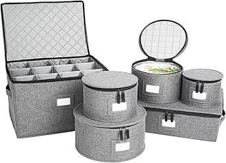 - China Storage Containers, Hard Shell Case with Felt Dividers for Charger Plates, and Dishes, Ideal for Kitchen Organization, Moving Supplies, and Fine China Storage - 6-Piece Set, Gray