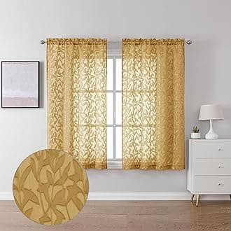 Lecloud Leia Dark Gold Semi Sheer Curtains 45 Inch Length 2 Panels, Balance Light & Privacy Jacquard Textured Voile Curtains for Kitchen Bedroom, Dual Rod Pockets Living Room Short Drapes, 40 W x 45 L