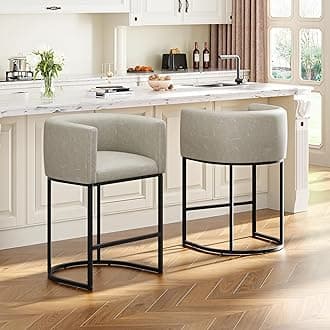 26" H Counter Height Bar Stools Set of 2, Modern Barrel Counter Stools with Backrest and Arms, Faux Leather Upholstered Accent Barstools for Kitchen Island,Support 450 LBS (Grayish White)