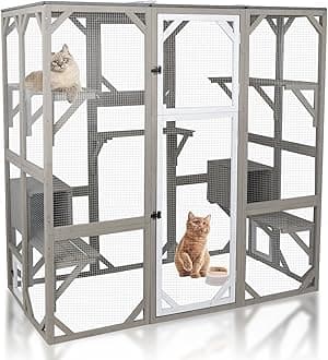 Catio Outdoor Cat Enclosure Window, 71'' Large Cat House for Mulitiple Cats with Enter Door, Multi-Platform, Walk-in Catios Kitty Cage with Waterproof Roof, 2 Napping Houses for Indoor Outside Patio