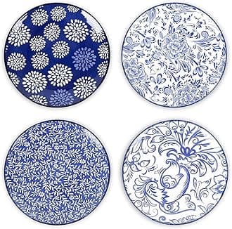 Selamica Dessert Plates Ceramic, 6 Inch Embossed Small Plates for Appetizer, Cake, Snacks, Microwave Dishwasher Safe, Set of 4, Blue